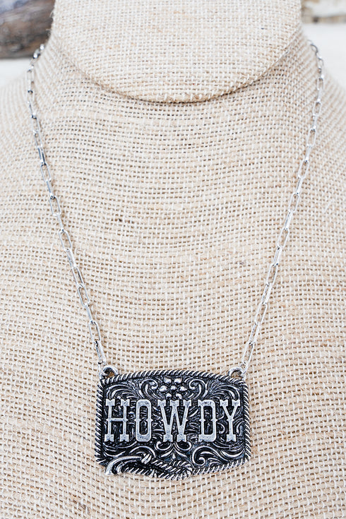 Silvertone Lariat Howdy Necklace