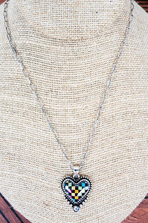 Prism Check Heart Silvertone Necklace