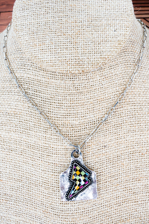 Prism Check Lightning Bolt Silvertone Necklace