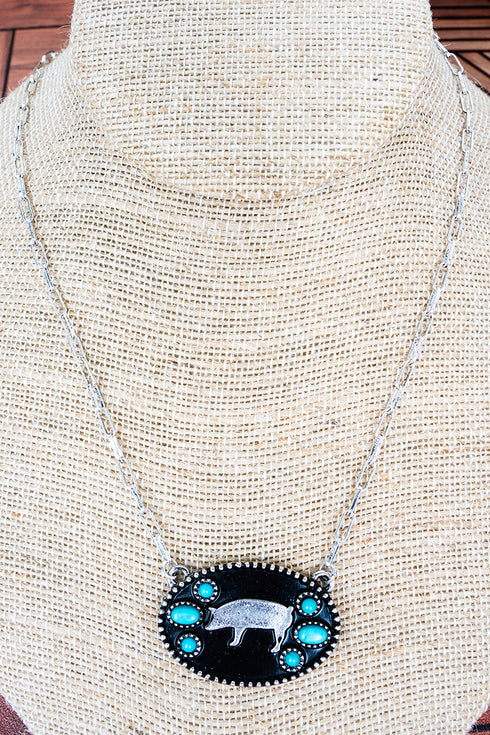 Pasture Pal Pig Turquoise & Silvertone Necklace