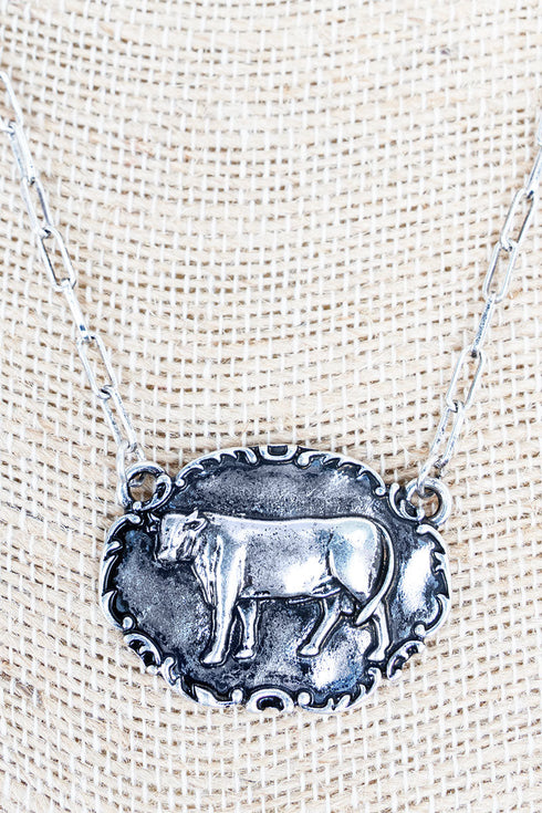 Barnyard Belle Cow Silvertone Necklace