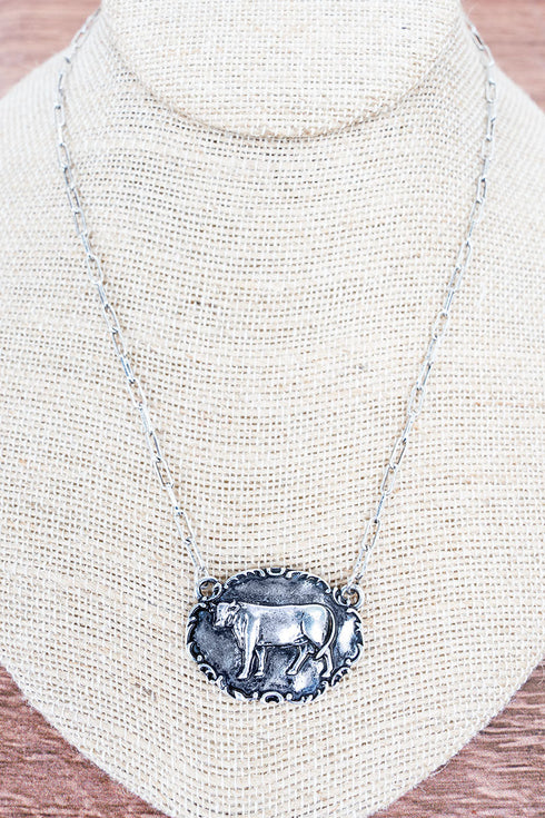 Barnyard Belle Cow Silvertone Necklace