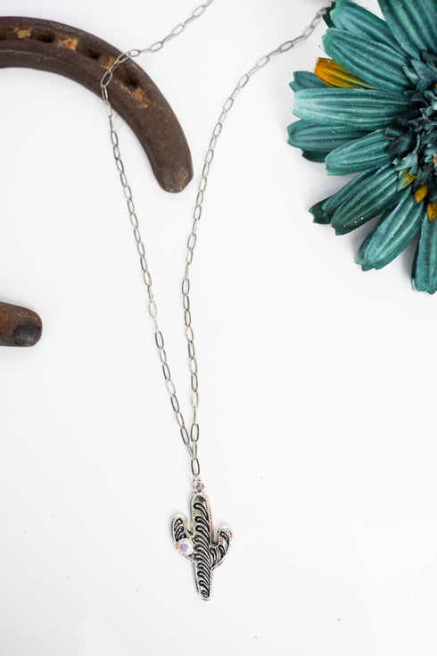 Iridescent Cheyenne Cactus Silvertone Necklace