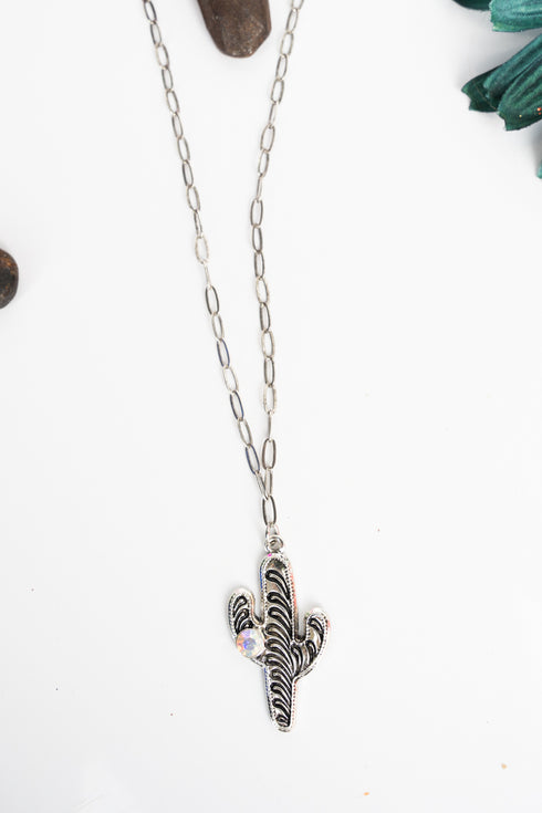 Iridescent Cheyenne Cactus Silvertone Necklace