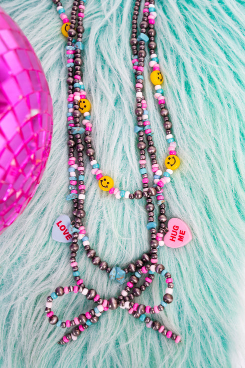 Happy Hearts Silver Pearl Layered Bow Necklace