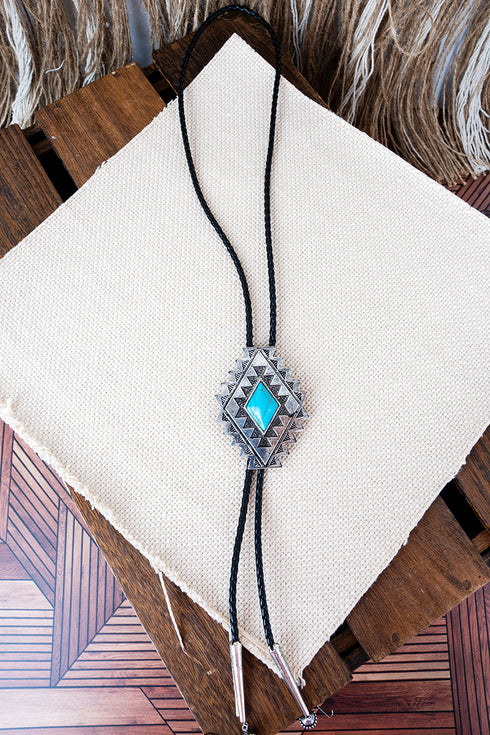 Turquoise & Silvertone Eldorado Edge Bolo Tie Necklace