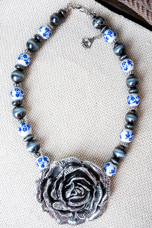 Rose Royale Silver Pearl Beaded Necklace