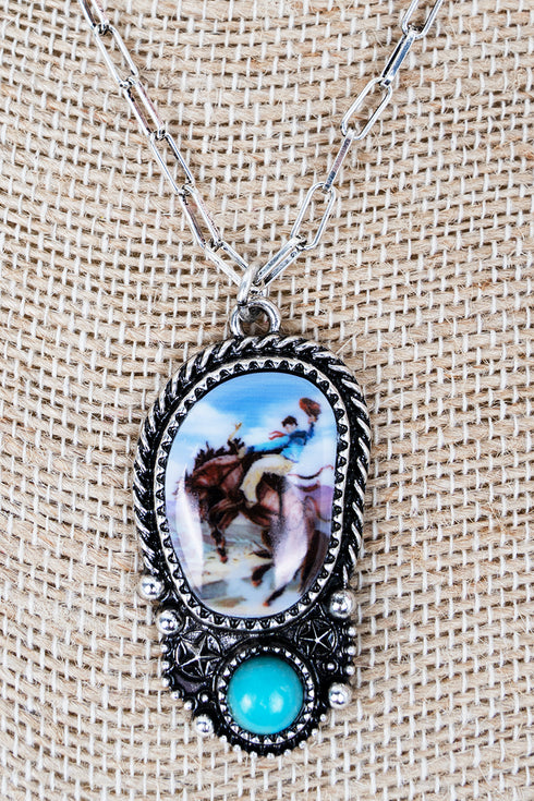 Turquoise Rodeo Spirit Silvertone Necklace