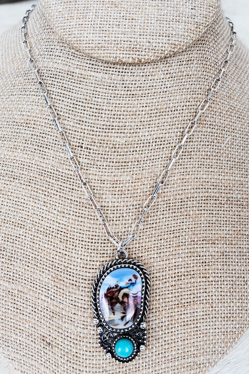 Turquoise Rodeo Spirit Silvertone Necklace