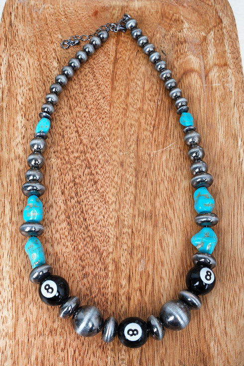 Midnight Eight Turquoise & Silver Pearl Beaded Necklace