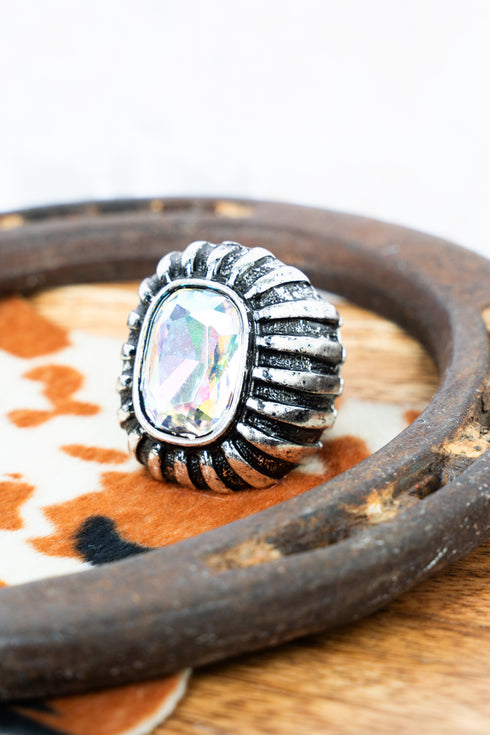 Starshine Iridescent Crystal and Silvertone Stretch Ring