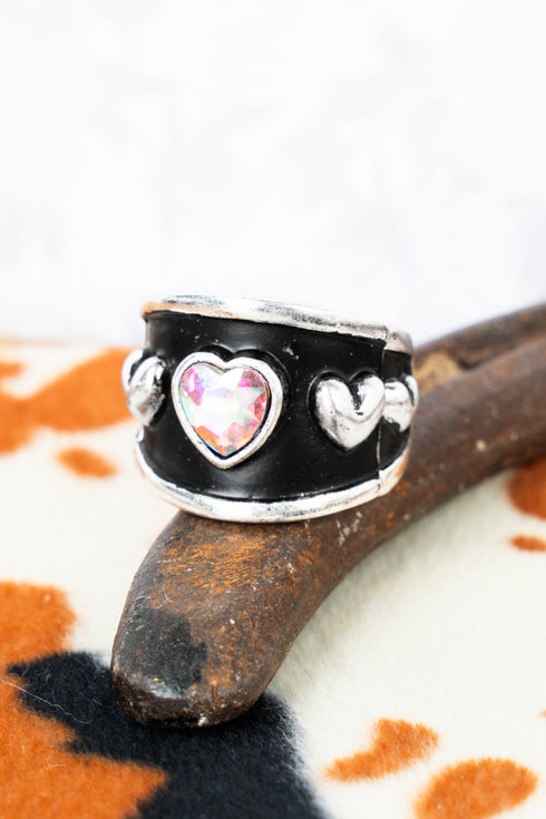 Heart's Melody Crystal Silvertone Stretch Ring
