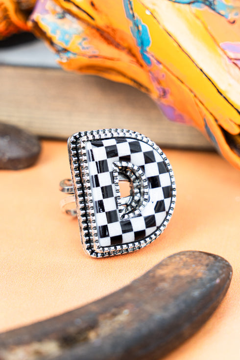 Black & White Checkered 'D' Silvertone Cuff Ring