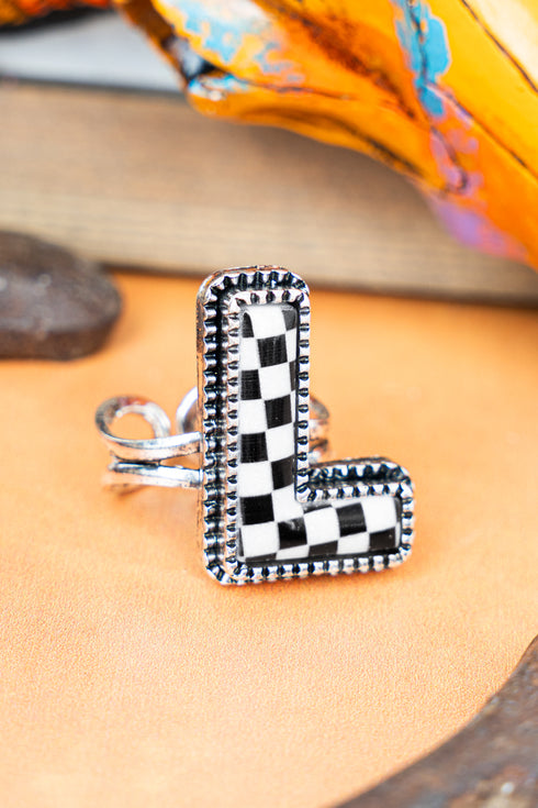 Black & White Checkered 'L' Silvertone Cuff Ring