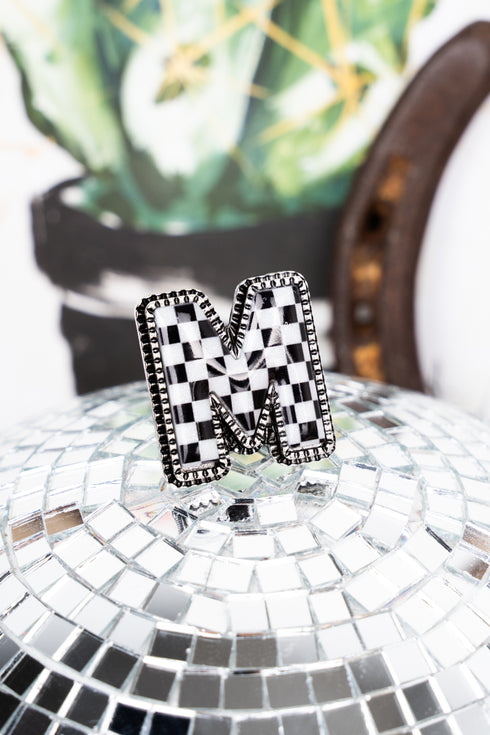 Black & White Checkered 'M' Silvertone Cuff Ring
