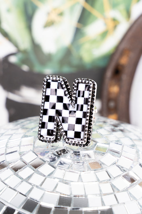 Black & White Checkered 'N' Silvertone Cuff Ring