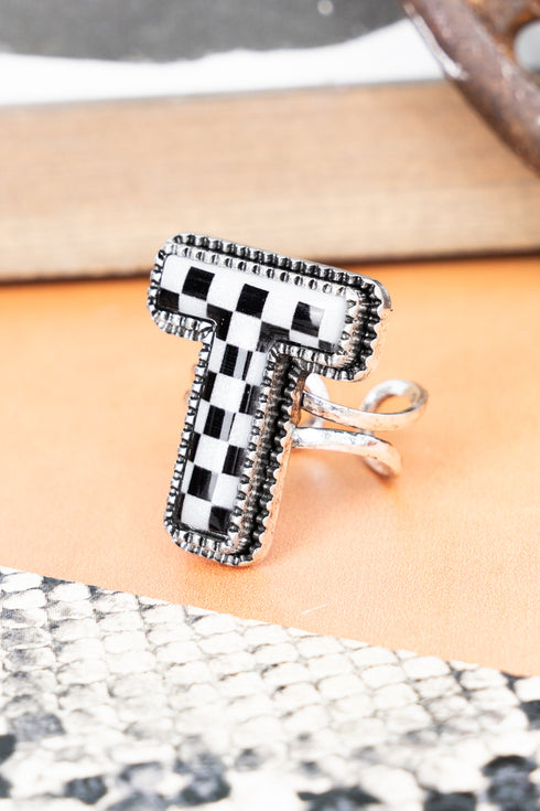 Black & White Checkered 'T' Silvertone Cuff Ring