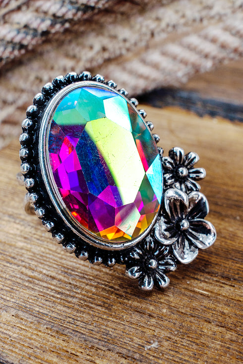 Iridescent Main Event Blooms Silvertone Cuff Ring