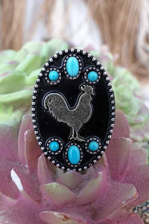 Pasture Pal Rooster Turquoise & Silvertone Cuff Ring