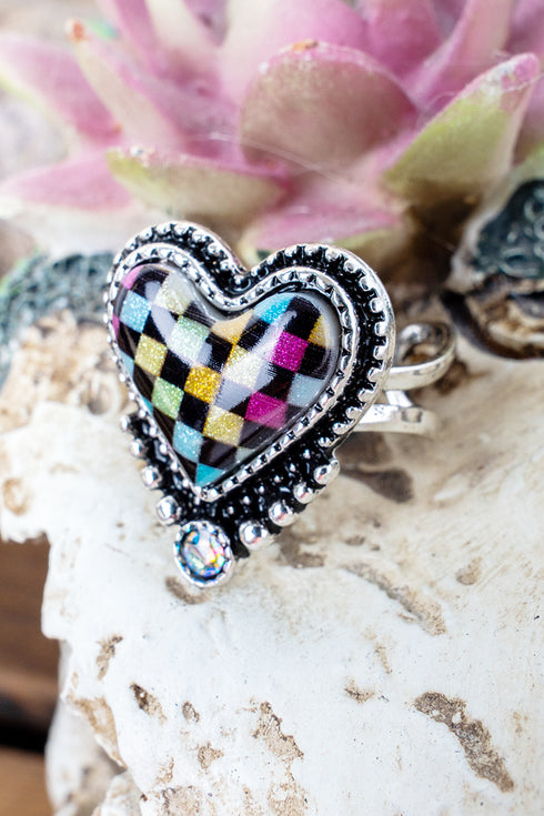 Prism Check Heart Silvertone Cuff Ring