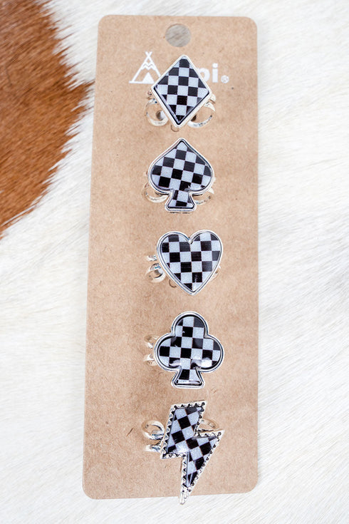 Suit Yourself Black Check & Silvertone Ring 5 Piece Set Ring