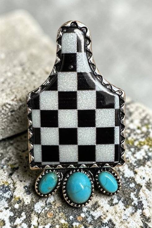 Black Prairie Check Silvertone Tag Ring