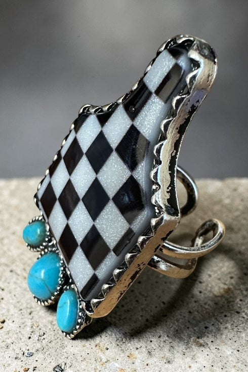 Black Prairie Check Silvertone Tag Ring