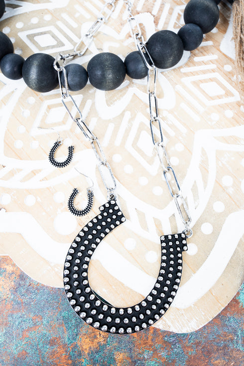 Western Wishes Silvertone Studded Horseshoe Necklace and Earring Set