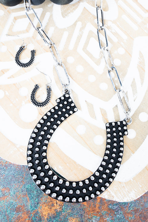 Western Wishes Silvertone Studded Horseshoe Necklace and Earring Set