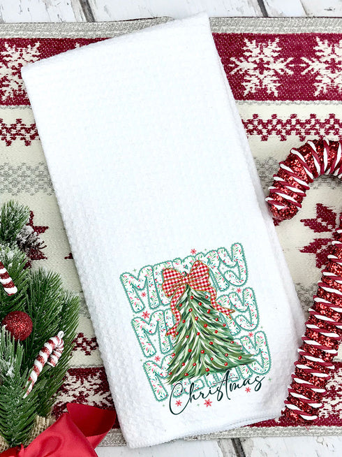 Stacked Holly Merry Christmas Tree Waffle Kitchen Towel