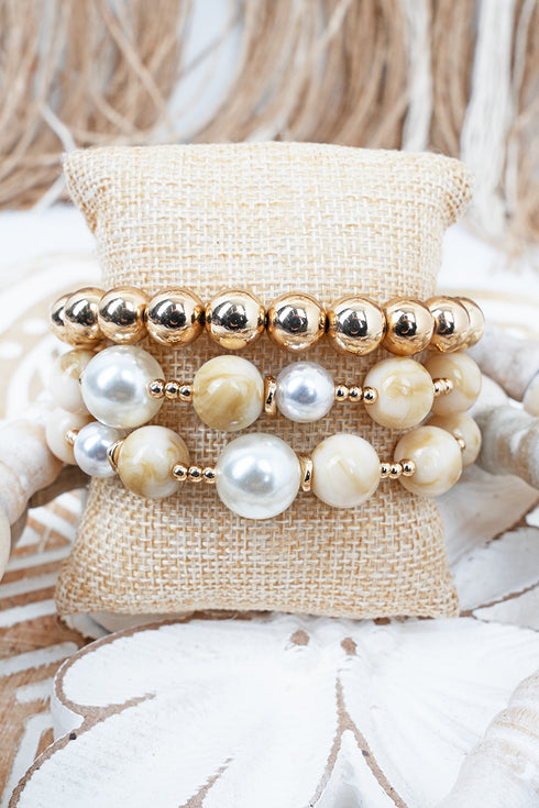 Paris Views Beige & Goldtone Beaded Bracelet Set