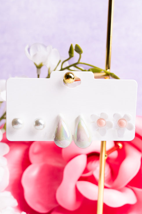 Miami Fun White Flower and Bubble Teardrop Earrings 3 Pair Set