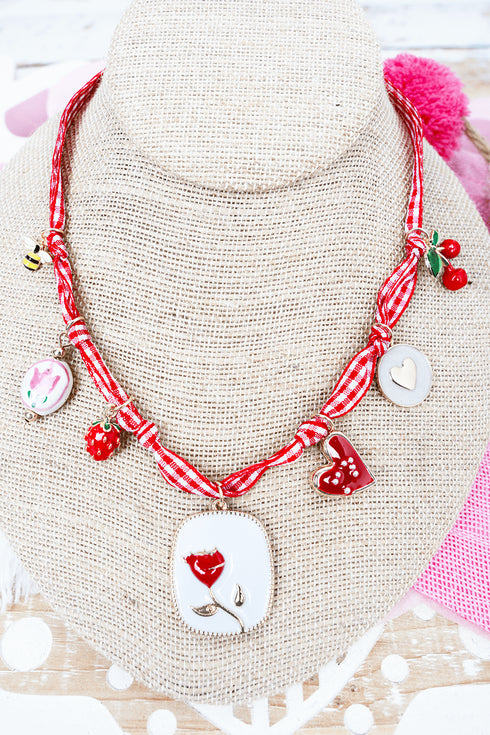 Modern Romance Red Check Fabric Charm Necklace