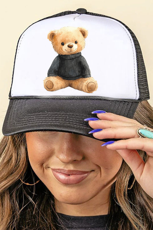 Black Vintage Teddy Bear Foam Mesh Back Trucker Cap