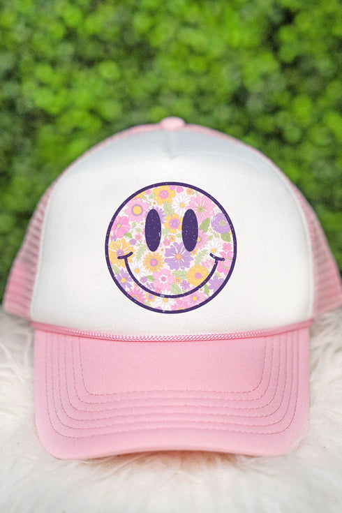 Distressed Floral Smiles Foam Mesh Back Trucker Cap