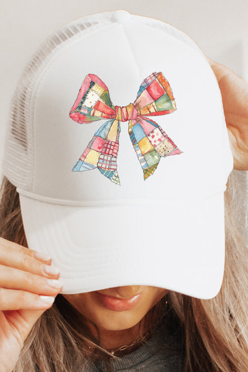 Faux Patchwork Quilt Stripe Bow Foam Mesh Back Trucker Cap
