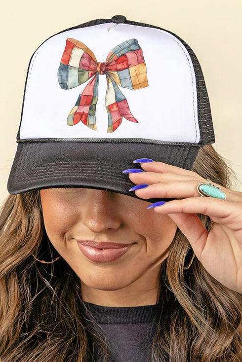 Faux Patchwork Red Bow Foam Mesh Back Trucker Cap