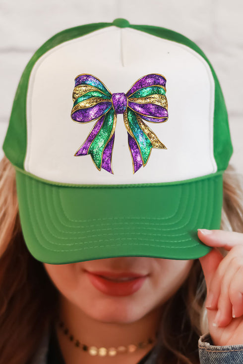 Glitzy Mardi Gras Bow Foam Mesh Back Trucker Cap
