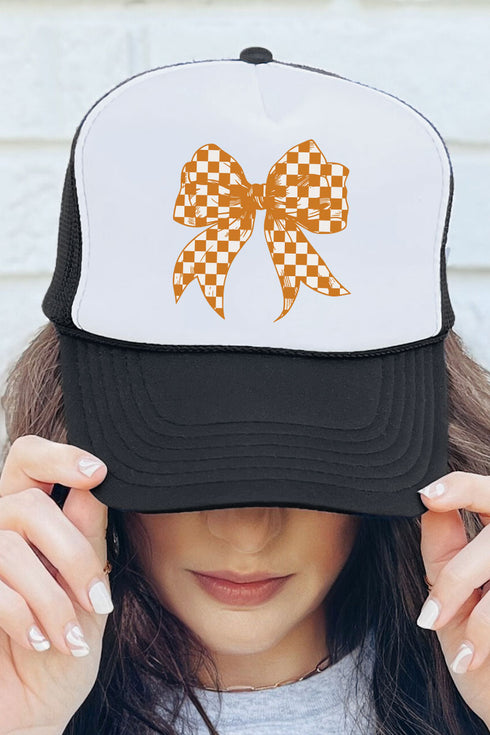 Orange Checkered Coquette Bow Foam Mesh Back Trucker Cap