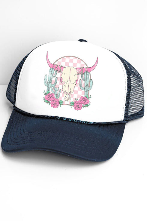 Pink Checkered Steer Foam Mesh Back Trucker Cap