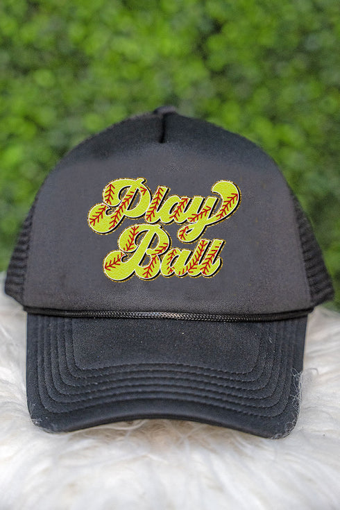Play Ball Softball Faux Chenille Patch Transfer Foam Mesh Back Trucker Cap