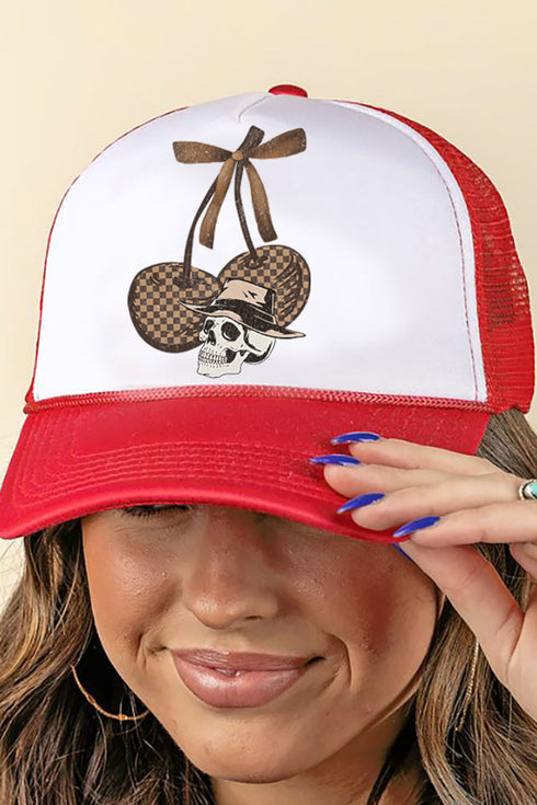 Skull Checkered Cherries Foam Mesh Back Trucker Cap
