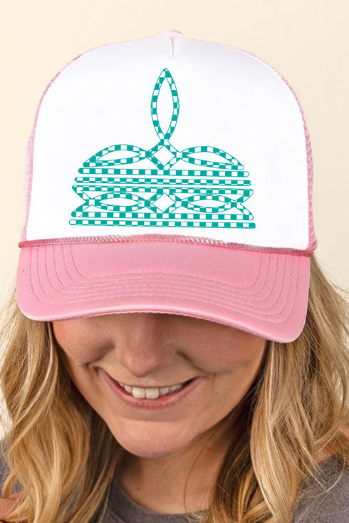 Turquoise Checkered Boot Stitch Foam Mesh Back Trucker Cap