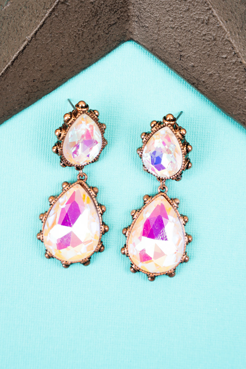 White Crystal Teardrop Coppertone Earrings eWAM Howdy Honey