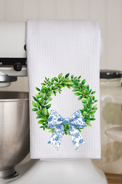 Blue Willow Wreath Waffle Kitchen Towel