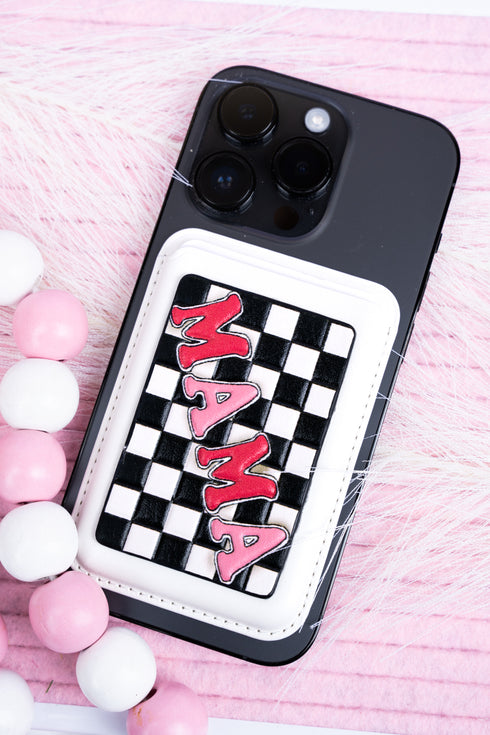 Checkered Pink Mama Faux Leather Magnetic Cardholder