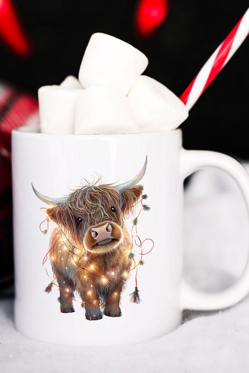 Caught In Lights Highland Cow White Mug