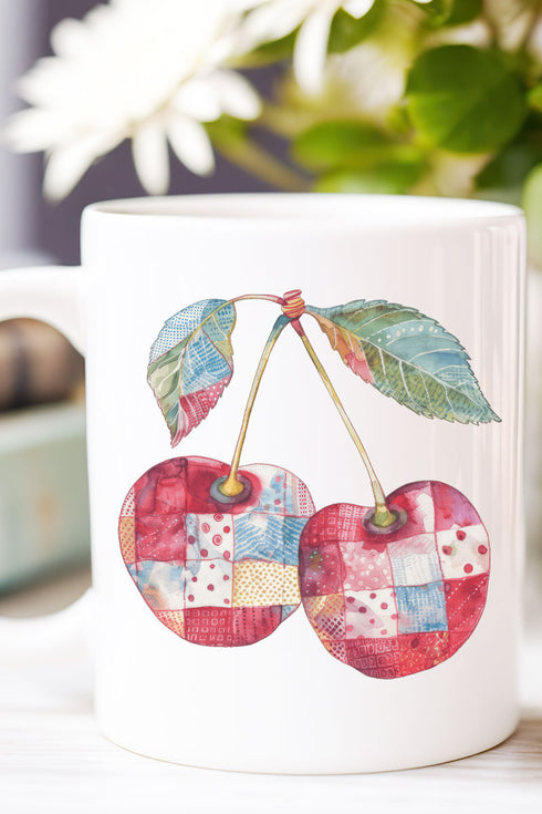 Faux Patchwork Cherries Ceramic Mug