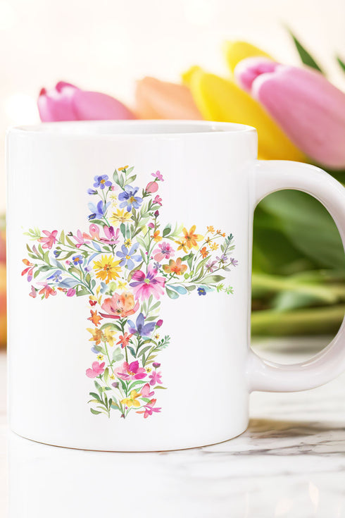 Watercolor Floral Cross Ceramic Mug