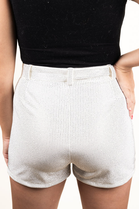 Saturday Shimmer White Crystal Belted Shorts